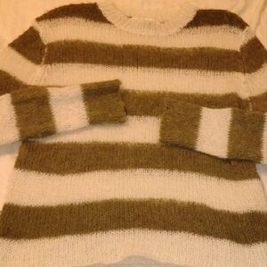 Kohl's Striped Cream and Medium-Olive Green Sweater Women's Large